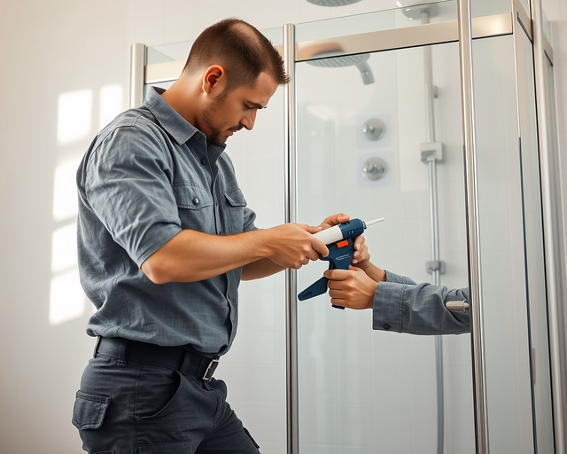 Fotó egy szakemberről, amint professzionálisan zuhanykabint épít be egy fürdőszobában.