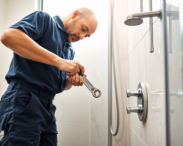 Fotó egy mesteremberről, amint körültekintően zuhanylefolyót cserél egy fürdőszobában.