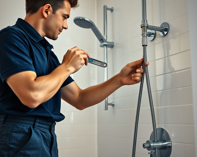 Fotó egy vízvezeték-szerelőről, amint körültekintően zuhanypanelt épít be egy fürdőszobában.