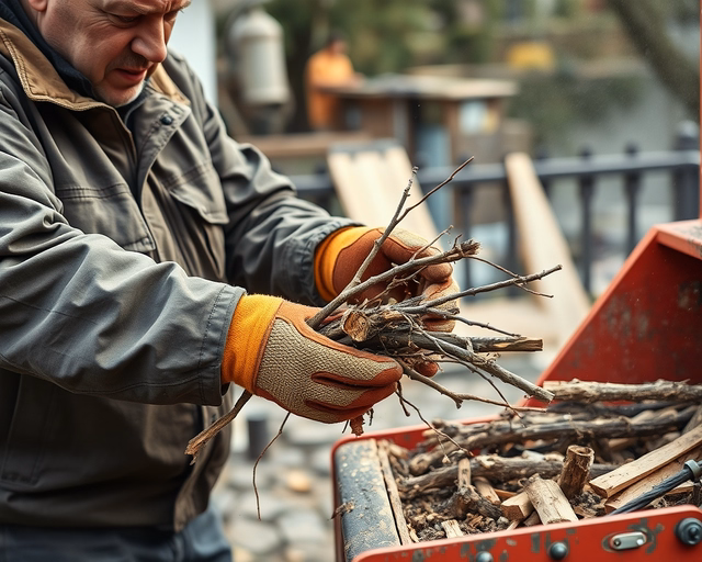 Ágdarálás: kertész hosszú vágóollóval óvatosan levágja a vastag, száraz faágat, miközben stabil létrán egyensúlyoz és gyűjtőzsákba helyezi a hulladékot.