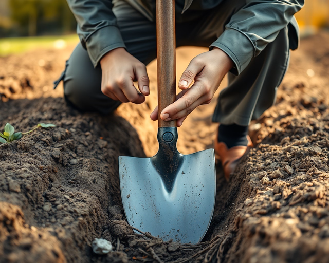 Egy kertész ás egy mély, egyenletes gödröt kézi ásóval; földkupac a mellett, gyökerek és kavicsok látszanak, a munka pontos, biztonságos ásás folyamatát bemutatva. (Ásás)