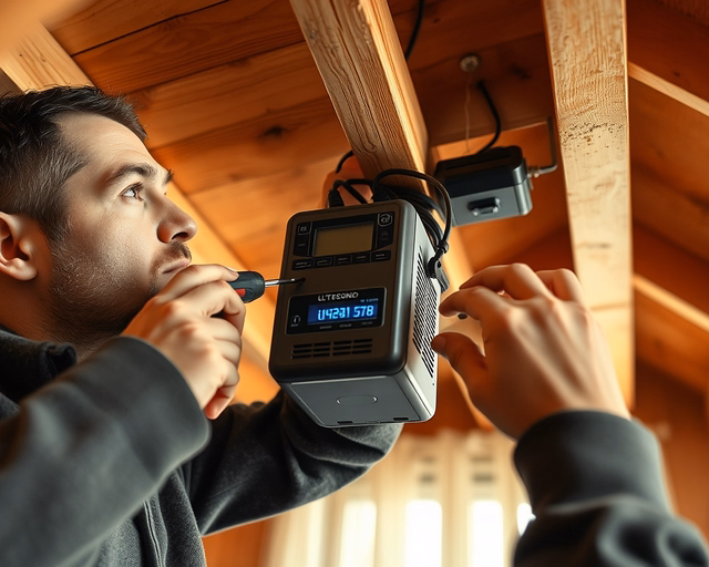 Elektromos patkányirtás: szakember óvatosan felállít egy áramütéses csapdát a padló menti járatba, precízen beköti az eszközt, majd ellenőrzi a jelzőfénnyel és rögzíti a helyszíni naplót.