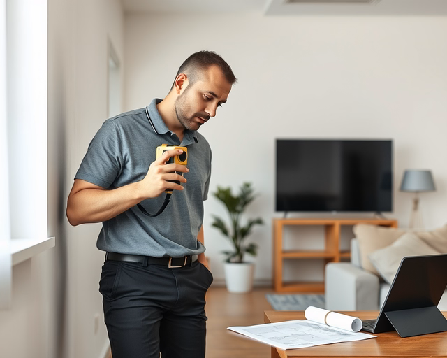 Földmérő társasház: A földmérő precízen beállítja a totálállomást a társasház mellett, mérőbotot tartva, digitális leolvasást rögzítve és jelöléseket készítve a telekhatárokon.