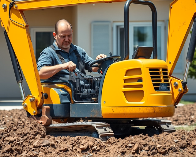 Földmunkák: munkagép markoló ássza ki az alapot, sofőr precízen irányítja a kanalat, friss földkupac mellett munkások ellenőrzik a mélységet és tervrajzot tartanak.
