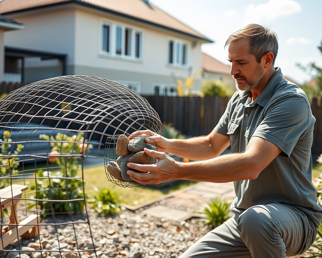 Gabion spirál telepítése: munkás fém spirált igazít, zúzott követ rétegez a köré, kézzel tömörít és hálót rögzít, hogy stabil kőfal jöjjön létre - Gabion spirál.