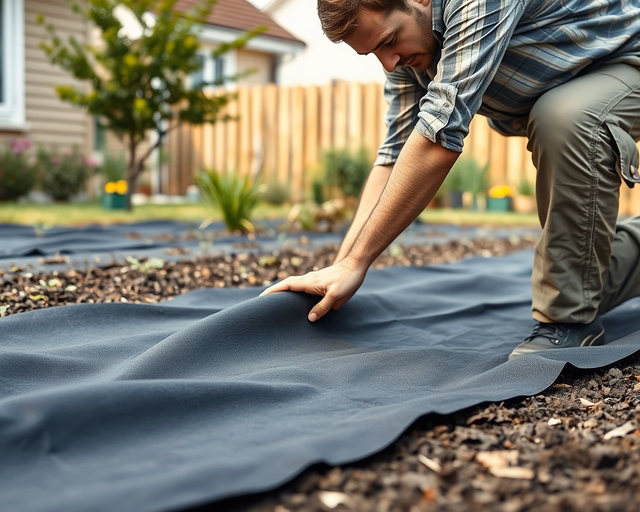 Munkás geotextilt terít a lejtőre, gondosan igazítja és rögzíti a szegélyeket szögekkel, hogy megakadályozza az eróziót és biztosítsa a vízelvezetést. Geotextil látható.