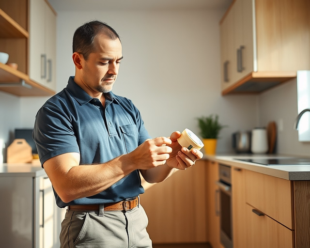 A szakember gumikesztyűben vegyszert permetez egy hangyainvázióval sújtott konyhapadlóra, célzottan a hangyairtás területére, hogy elpusztítsa a fészket és járatokat.