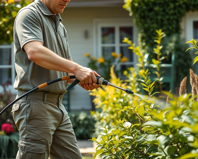 Kerti poloskairtás: kertben szakember gumikesztyűben permetezővel célzottan kezeli a bokrok alját és virágágyásokat, hogy eltávolítsa a kártevő poloskákat és megelőzze szaporodásukat.