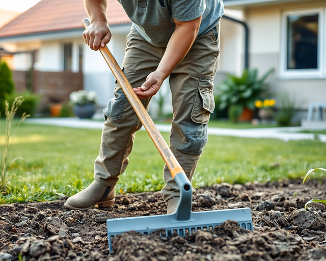 Kertrendezés: kertész térdig sáros, gereblyével teregeti a levágott gyepszőnyeget, szerves komposzttal takar, precízen igazítja a virágágyások szélét.