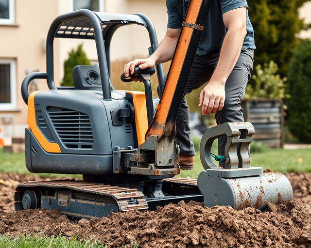Markológép bérlés: munkás felállítja a markológépet az építkezés szélén, biztonsági mellényben beindítja a motort, precízen ás és tereprendez a rakodókanállal.