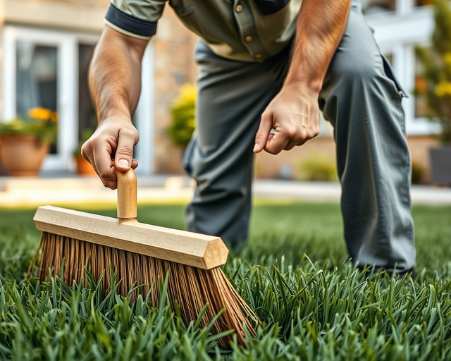 Műfű ápolása: kertész gumicsizmában gereblyével eltávolítja a leveleket és morzsát, majd kefével egyenletesen felállítja a szálakat, végül vízzel leöblíti a szennyeződéseket.
