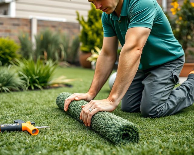 Műfű telepítése: munkás precízen kiegyenlíti az altalajt, simítja a homokréteget, majd ragasztóval rögzíti és illeszti a műfüvet, ollóval igazítva a széleket.