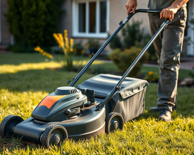 Mulcsozós fűnyírás: kertész zöld fűnyíróval lassan halad, vágott fű azonnal mulcsozva visszakerül a gyepre, kéz a fogantyún, napfényes délután, apró fűnyesedékek szállnak a levegőben.