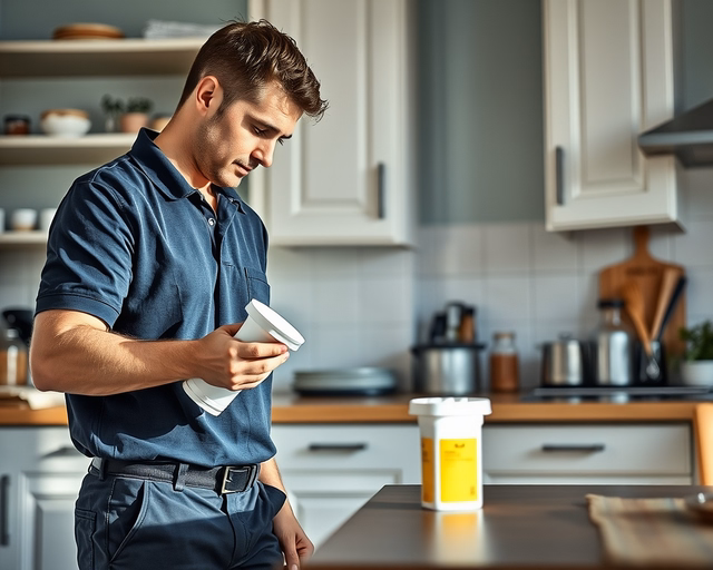 Egy szakember gumikesztyűben permetezővel célzottan permetez a konyhai sarkokba és repedésekbe, rovar és rágcsálóírtás felirattal a kép bal felső sarkában.