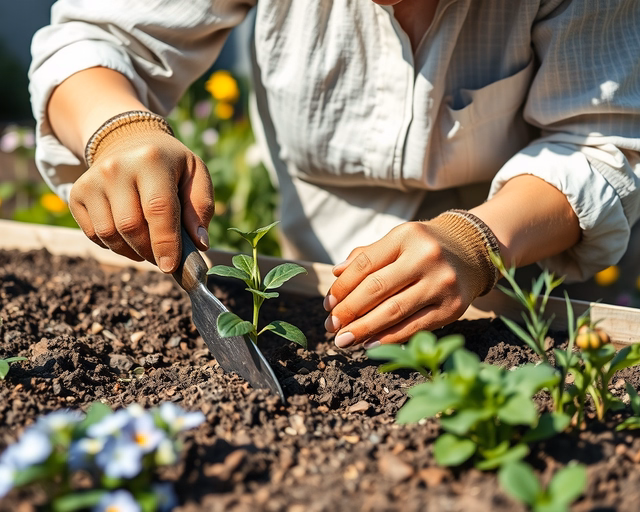 Virágok és évelők ültetése: kertész óvatosan kiás jámát, gyökérlabdát igazít, tőzeges földet tölt, majd puha talajt tömörít és bőségesen meglocsolja a frissen ültetett növényt.