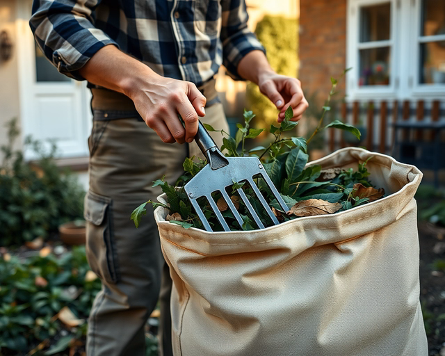 Zöldhulladék: kertész kesztyűben vágja és gereblyézi össze a friss ágakat és faleveleket egy zöld zsákba, hogy elszállítható, rendezetten gyűjtött zöldhulladék legyen.